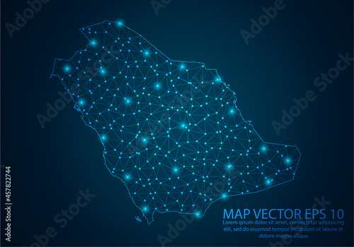 Abstract mash line and point scales on dark background with map of Saudi Arabia.3D mesh polygonal network line, design sphere, dot and structure. Vector illustration eps 10.