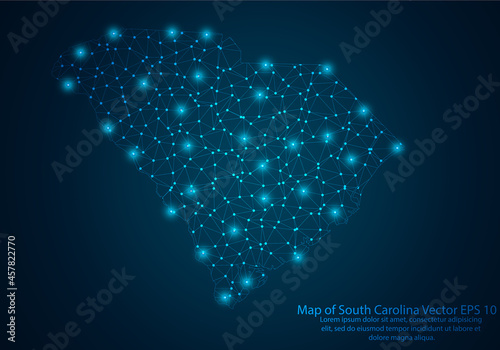 Abstract mash line and point scales on dark background with map of South Carolina.3D mesh polygonal network line, design sphere, dot and structure. Vector illustration eps 10.