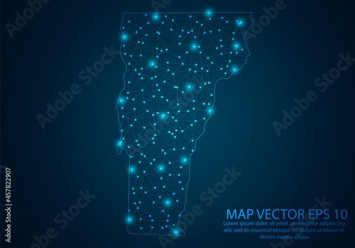 Abstract mash line and point scales on dark background with map of Vermont.3D mesh polygonal network line, design sphere, dot and structure. Vector illustration eps 10.
