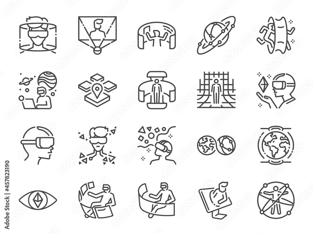 Metaverse line icon set. Included the icons as Virtual, World, Virtual reality, VR, digital, earth 2, Futuristic and more. Metaverse line icon set. Included the icons as Virtual, World, Virtual reality, VR, digital, earth 2, Futuristic and more.