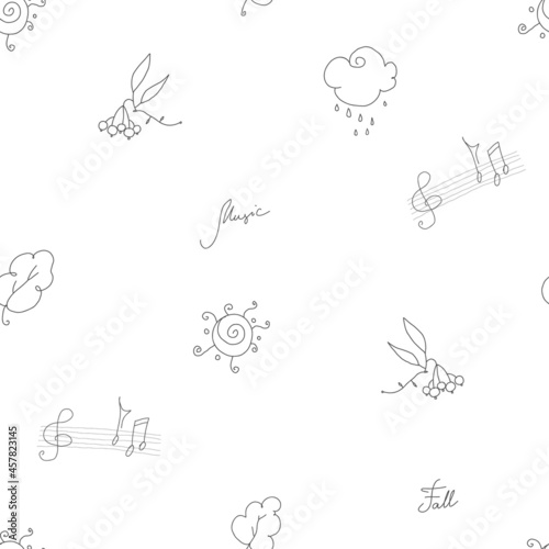 Seamless vector pattern - simple lines of rainy clouds, leaves, Fall, Music - lovely atmosphere.