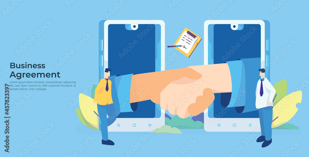 digital online partnership concept with businessman handshake relationship agreement via mobile phone vector illustration. corporate business deal digital online partnership concept with businessman handshake relationship agreement via mobile phone vector illustration. corporate business deal