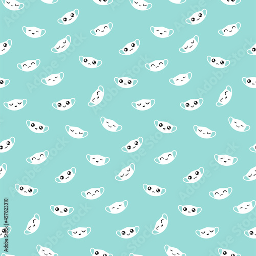 Seamless pattern cute medical masks with faces on a blue background