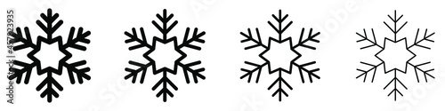 Snowflake icon. Set of black snowflakes with different line thickness. Snowflake in flat design. Vector illustration.