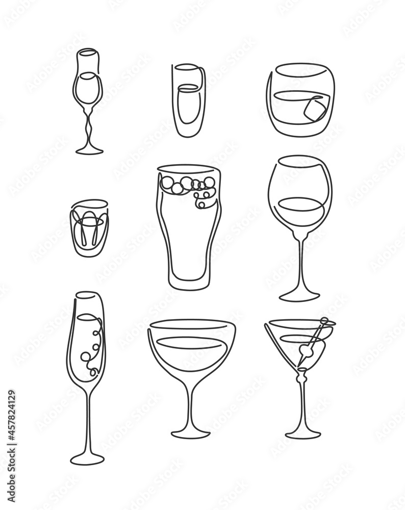 One line drawing liquor rum whiskey vodka beer red wine champagne