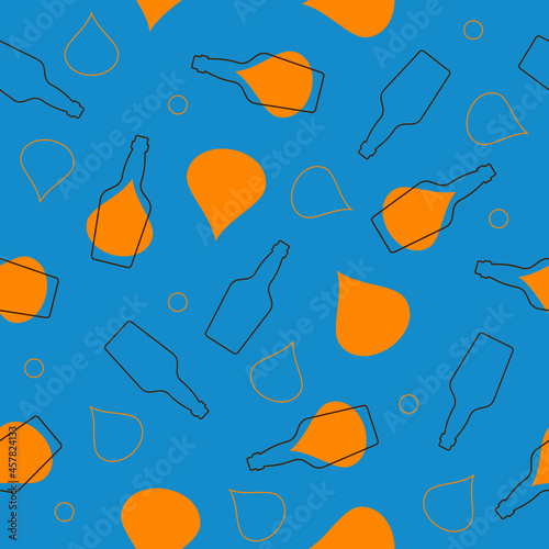 Whiskey beer bottles and alcohol drop seamless pattern. Line art style. Outline image. Repeat template. Party drinks concept. Color Illustration on white background. Flat design style for any purposes