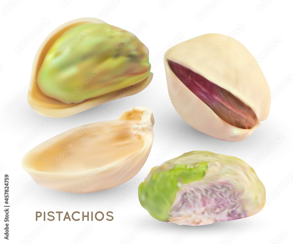 Vector pistache nuts without shell. Realistic 3d kernel. Green pistachio isolated on white background. 3d snack illustration.