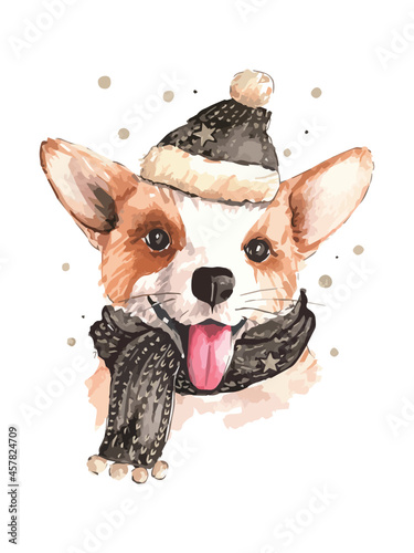 Watercolor hand drawn art vector illustration. Head of red corgi dog. Pet in hat and scarf. Puppy has stuck out his tongue and wants to play.