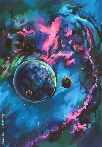 Watercolor hand drawn art vector illustration. Fantastic landscape of planet and satellites against background of galactic nebula. Space travel to distant worlds.