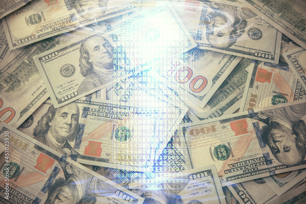 Double exposure of data theme drawing over us dollars bill background. Technology concept. Double exposure of data theme drawing over us dollars bill background. Technology concept.