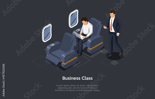 Isometric Illustration In Cartoon 3D Style. Vector Composition On Dark Background. Business Class Airplane Trip Concept. Plane Inside, Two Characters. Passengers Wearing Business Suits. Cosy Chairs