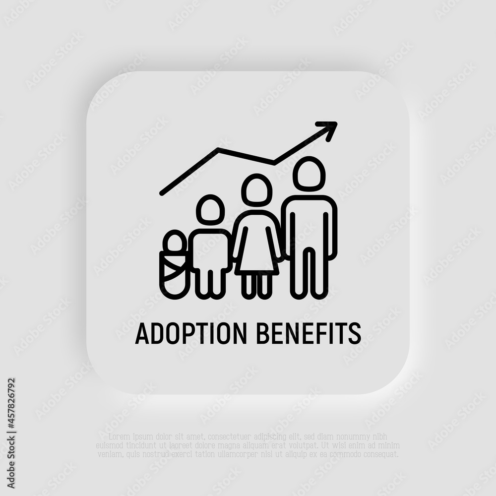 Adoption benefits thin line icon, family with child and baby and graph of growth. Modern vector illustration.