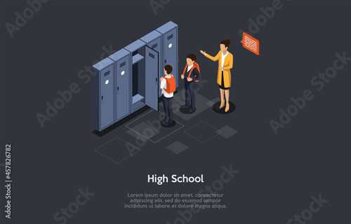 Vector Illustration. 3D Composition, Cartoon Style Isometric Design. High School, Group Of People. Two Male Students With Schoolbags, Female Teacher Talking To Them, Private Personal Lockers Near