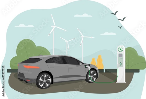 Electric car charging parking at the charger station with a plug in cable.. Green energy. Flat Vector illustration