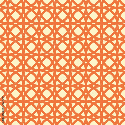 Vector geometric intersect orange circle seamless pattern. Light yellow background.