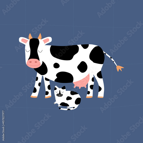 Funny black and white cow and sleeping spotted cat. Adorable cheerful bull and cute feline. Animal baby character hand drawn vector illustration. © Елена Радькова