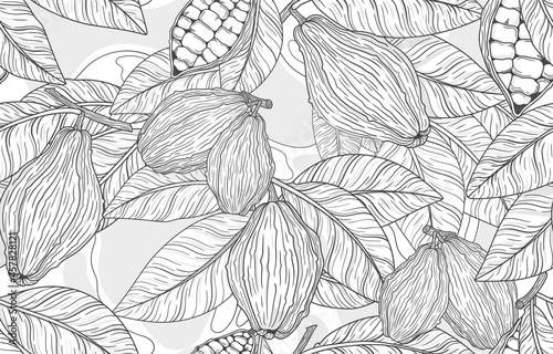 Vector seamless pattern of fruits and leaves of the cocoa tree. A tropical plant, a natural component for chocolate. Black and white illustration with lines for decor, fabric, wallpaper, packaging