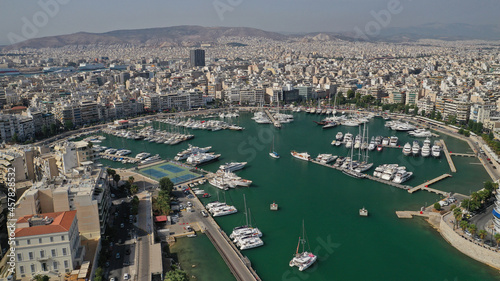 Aerial drone photo of famous port and Marina of Zea or Pasalimani in the heart of Piraeus  Attica  Greece