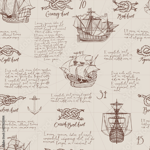Vintage seamless pattern on the theme of sea travels and adventures. Monochrome vector background with hand-drawn sailboats, various sea knots, anchors and handwritten text Lorem ipsum on an old paper