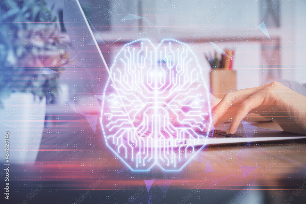 Double exposure of woman hands working on computer and brain hologram drawing. Ai concept. Double exposure of woman hands working on computer and brain hologram drawing. Ai concept.
