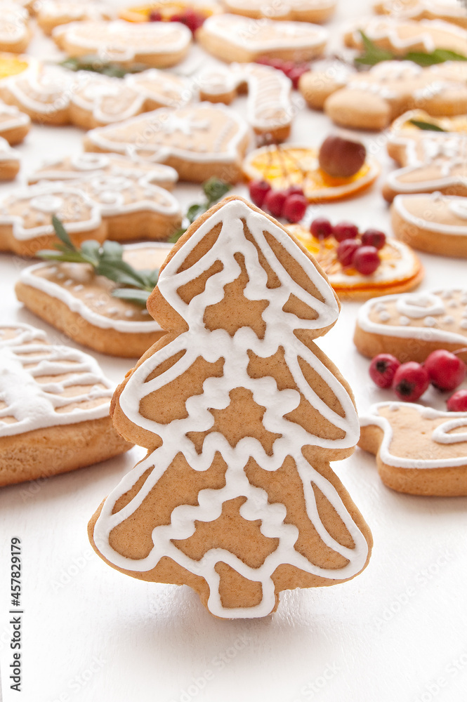 Gingerbread cookies in shape of heart on the white background Gingerbread cookies in shape of heart on the white background