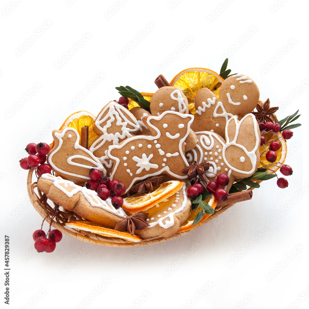 Fototapeta premium Christmas cookies and spices on white background
