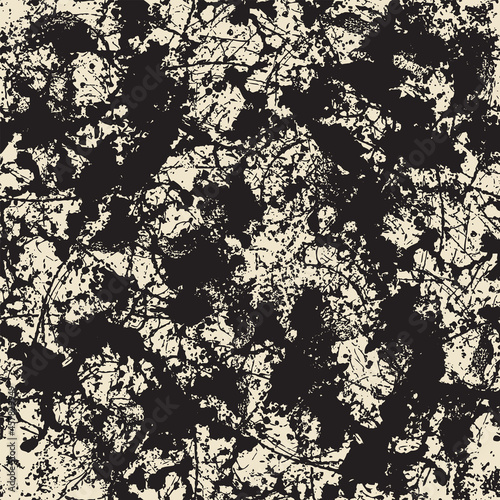 Abstract seamless pattern with chaotic black and beige spots in a grunge style. Monochrome vector noisy textured background, graphic print for Wallpaper, wrapping paper, fabric, clothes