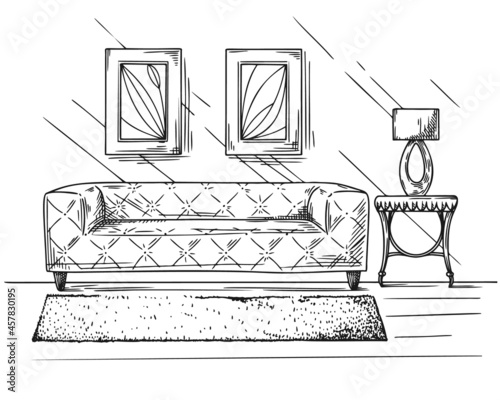 Living room interior sketch. Sofa and other furniture for the recreation area. Vector