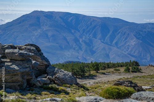 mountains landscape in Sierra Nevada with a rock and pine forest