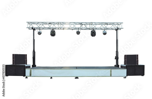 Stage with light equipment and audio sound speakers isolated over white