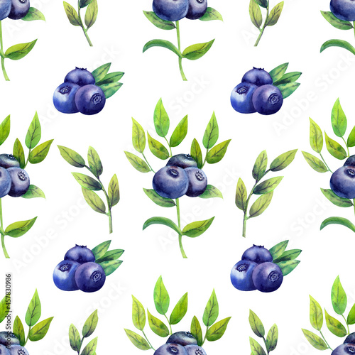 Seamless pattern with ripe blueberries on white isolated background. Watercolor illustration.