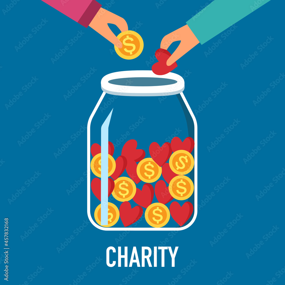 Fototapeta premium Hands putting money and red heart in to the donation jar in flat design. Time for charity concept vector illustration. Kindness to poverty.