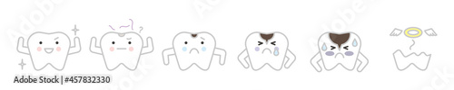 シンプル　イラスト　虫歯の進行　歯のキャラクター photo