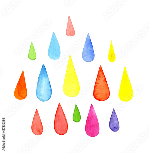 Set of watercolor illustrations of raindrops. Multicolored drops flat simple composition. Cartoon raindrops with doodles. Collection of pink  blue  yellow doodles. Isolated on white background. Drawn 