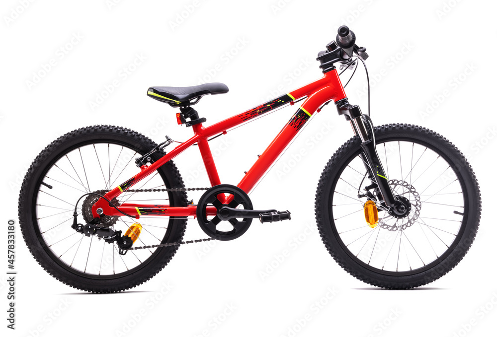Sport red mountain bicycle bike isolated on white background.