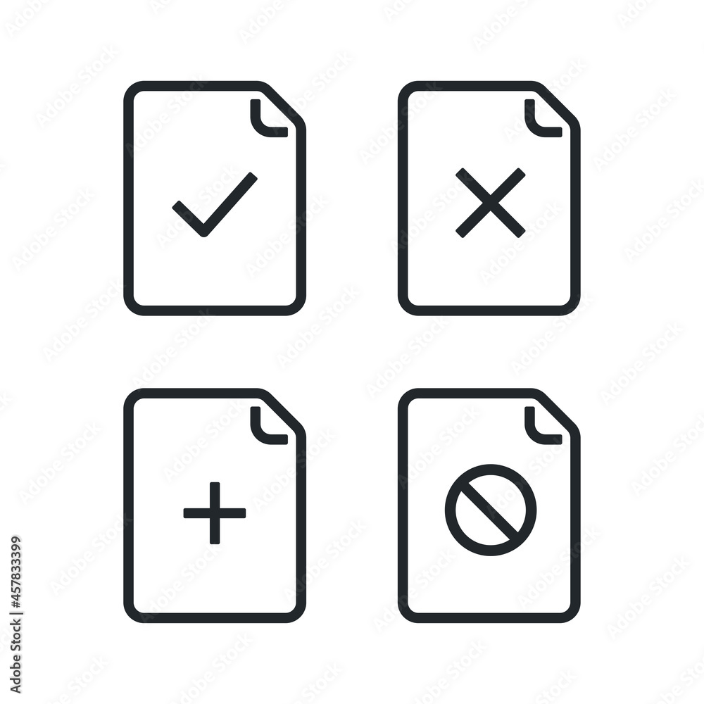 flat vector illustration isolated on white background, document line icon with check and cross mark, plus and prohibiting sign flat vector illustration isolated on white background, document line icon with check and cross mark, plus and prohibiting sign