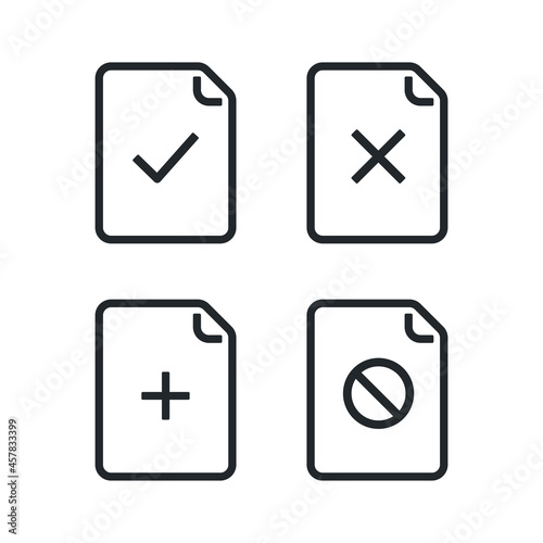 flat vector illustration isolated on white background, document line icon with check and cross mark, plus and prohibiting sign