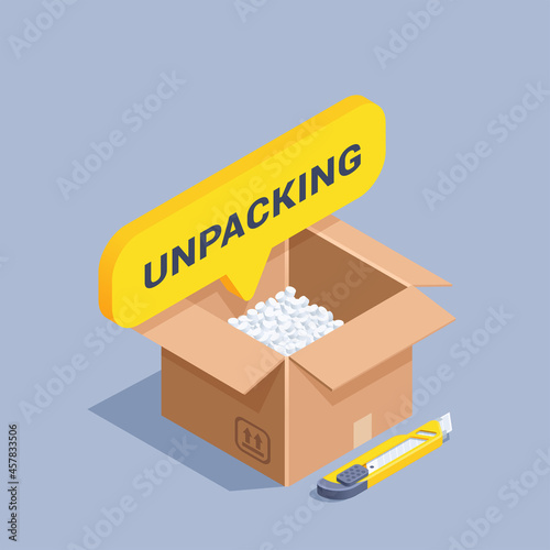 isometric vector illustration on gray background, open box with foam balls and text bubble with the inscription unpacking, yellow clerical knife