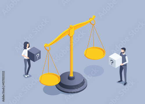 isometric vector illustration on gray background, vintage scales and a man with a woman holding cubes with a question mark, justice or equalization in rights, weight measurement photo