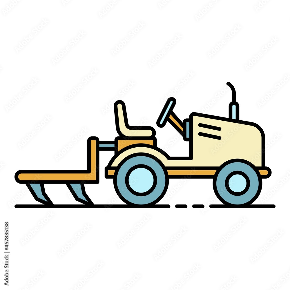 Small tractor plow icon. Outline small tractor plow vector icon color flat isolated
