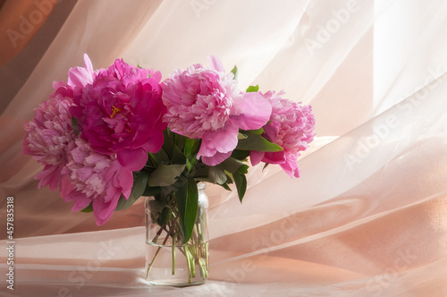 Bouquet of pink peonies in vase on a beige background