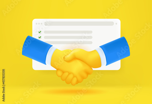 Web agreement concept with shaking hands. 3D style vector illustration