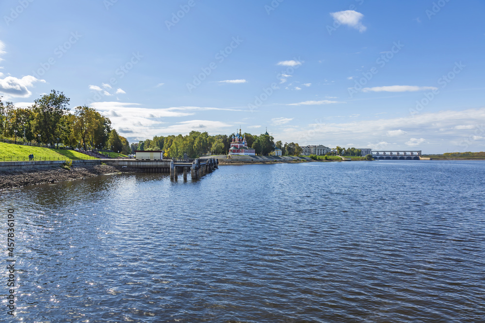 Fototapeta premium Hydroelectric power station on the Volga river in Yaroslavl region on a sunny day. Launched in 1940. Cultural heritage site. Uglich, Russia
