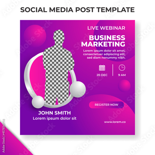 Live webinar social media post template. Digital marketing for business promotion with photo collage.