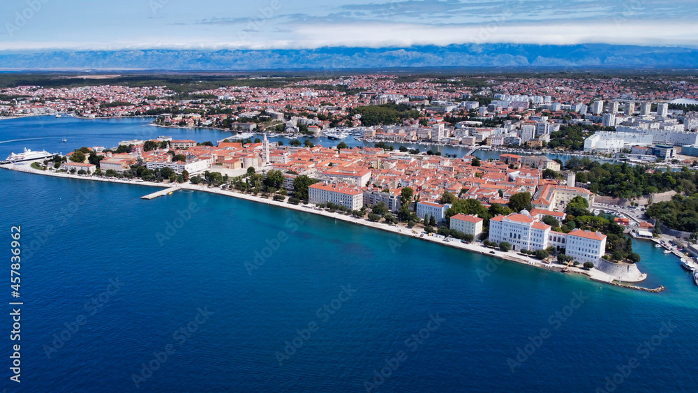 View of the historic center of Zadar. Houses on the shore of the Adriatic sea. Drone Photo. Dalmatia. Croatia. Europe