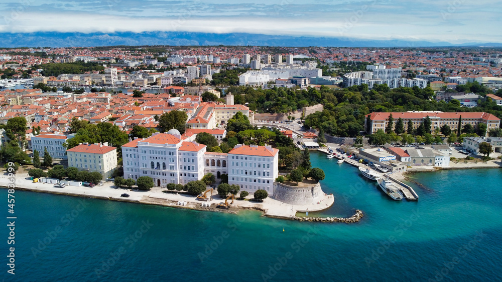 View of the historic center of Zadar. Houses on the shore of the Adriatic sea. Yachts in the marina. Drone Photo. Dalmatia. Croatia. Europe	