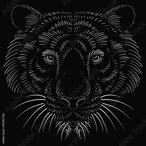 The Vector logo tiger for tattoo or T-shirt design or outwear.  Hunting style big cat print on black background. This hand drawing is for black fabric or canvas.