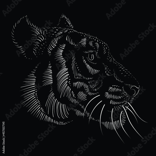 The Vector logo tiger for tattoo or T-shirt design or outwear.  Hunting style big cat print on black background. This hand drawing is for black fabric or canvas.
