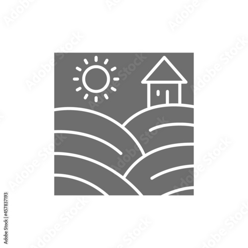 Vector vineyard fields with grapes grey icon.