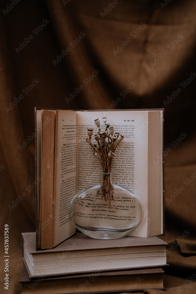 Libro antigüo con jarrón cristal